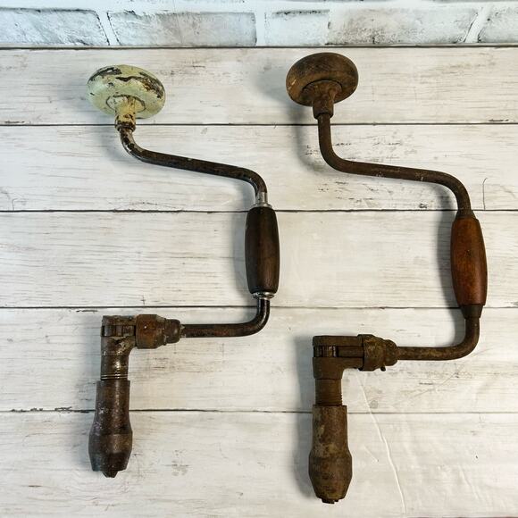 Antique Metal Hand Crank Drill Set Wooden Handles Woodworking Tool Set of 2 - Picture 1 of 3